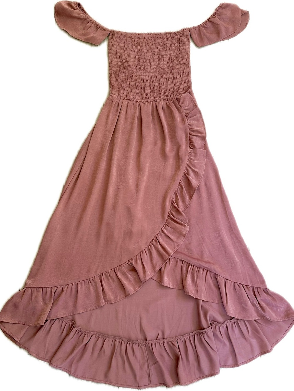 Altar'd State Mauve Ruffle Off Shoulder High Low Dress